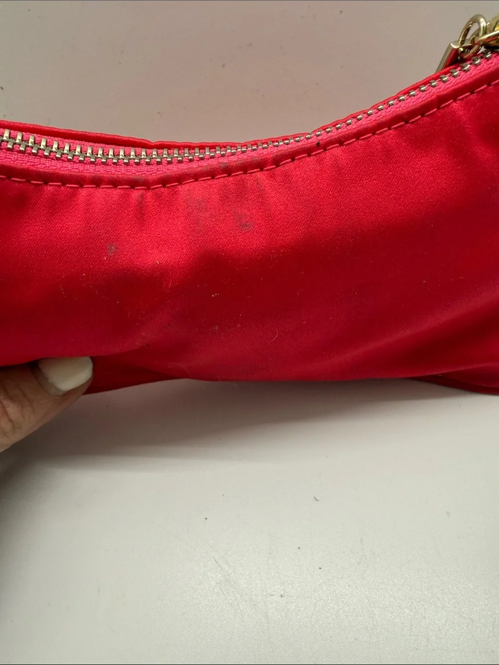 GUESS Red Satin Crystal G Logo Wristlet with Gold Hardware